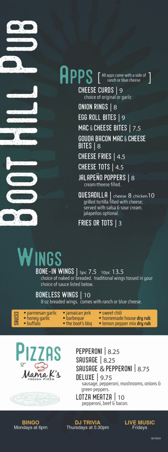 Boot Hill Pub Menu 1